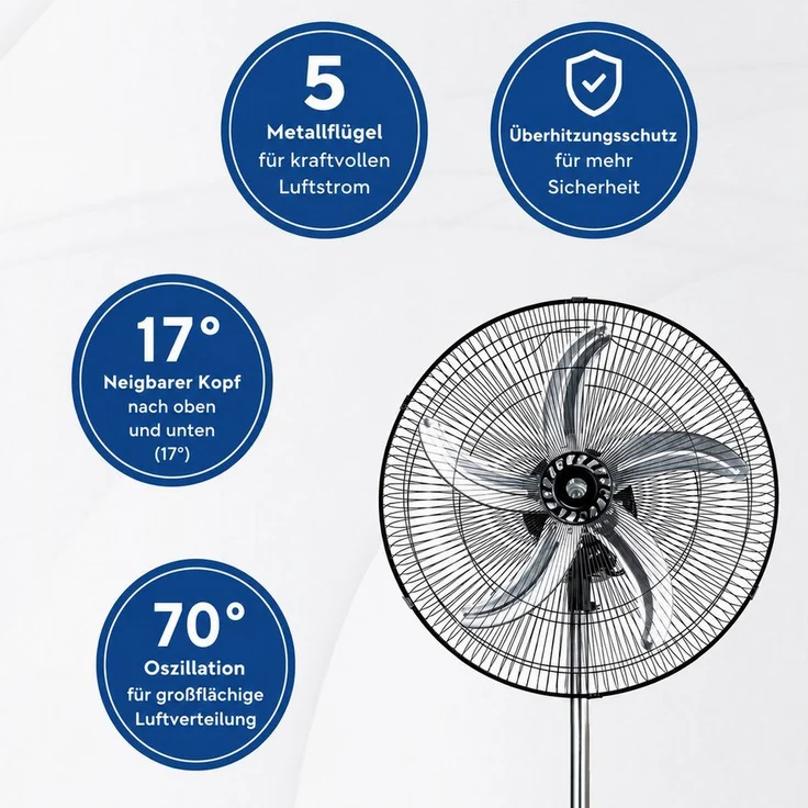 KUMTEL KTF-310 Standventilator 3-in-1, 18" höhenverstellbar 50-125cm, 5 Metallflügel, 70° Oszillation, 3 Geschwindigkeitsstufen
