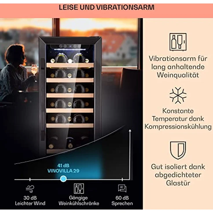 Klarstein Vinovilla 29 Weinkühlschrank, freistehend, edelstahl schwarz, 1 Temperaturzone, Glastür, Energieklasse G – Bild 5