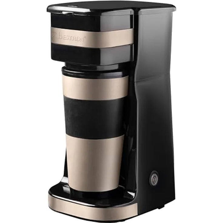 Bestron Kaffeemaschine mit Isolierbecher, Camping Kaffeemaschine für gemahlenen Filterkaffee, kleine Kaffeemaschine für 2 Große Tassen, 750 Watt, Edelstahl, hellbeige/satin – Bild 1
