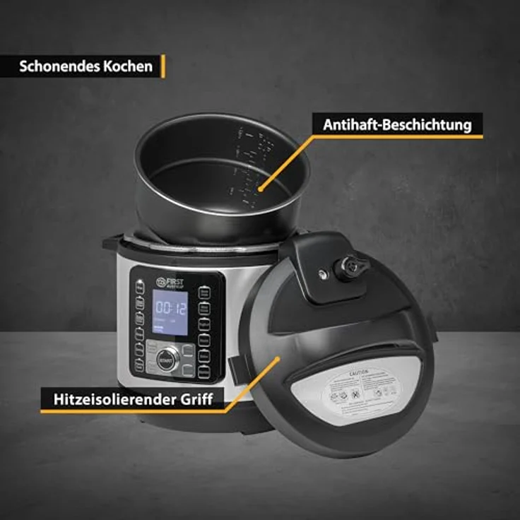 TZS FIRST AUSTRIA Multikocher Druckkochtopf elektrisch 6L, 12 Automatik-Programme, 1000 W, Dampfgarer mit Warmhaltefunktion, silber/schwarz – Bild 5