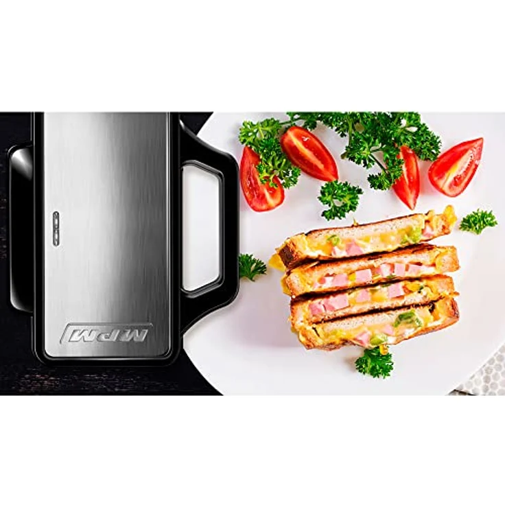 MPM MOP-45M Sandwichmaker für 4 dreieckige Sandwiches/Panini, rostfreier Stahl, antihaftbeschichtete Platten, automatische Temperaturregelung, elektrisch, schwarz – Bild 2