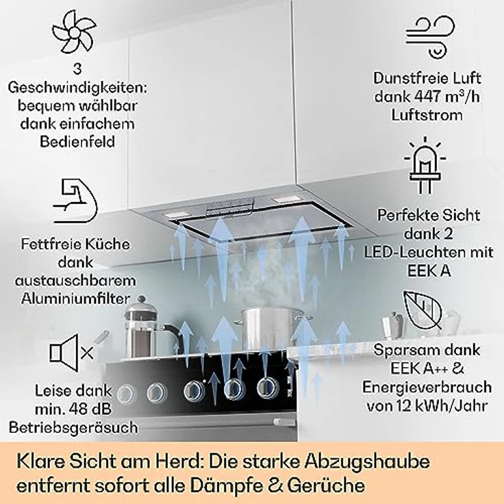 Klarstein Dunstabzugshaube 52cm, Abluft-Dunstabzugshaube mit Spülmaschinenfestem Aluminium Filter, Leise Abzugshaube für Abluft, 397 m³/h Luftstrom, Wandhauben mit LEDs, Dunstabzug zur Wandmontage – Bild 2