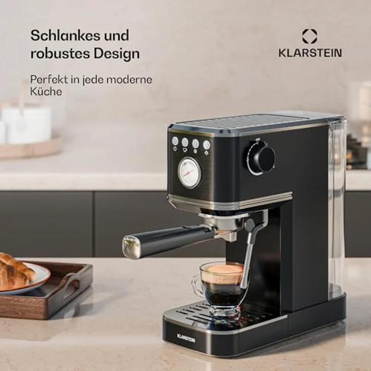 Klarstein SteelPresso Slim Siebträgermaschine – 20 Bar, 1350W, 1,2L Wassertank, Dampfdüse, Edelstahlgehäuse, Kompakt, Einfache Bedienung, Leichte Reinigung, Schwarz – Bild 5