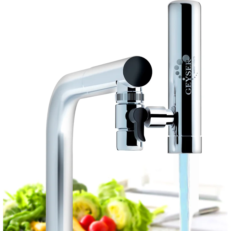 GEYSER EURO Wasserfilter für Wasserhahn Zuhause Küche, Wasserhahn-Filtersystem mit Filterkartusche aus Aragon, entfernt Chlor, Blei und Mikroplastik