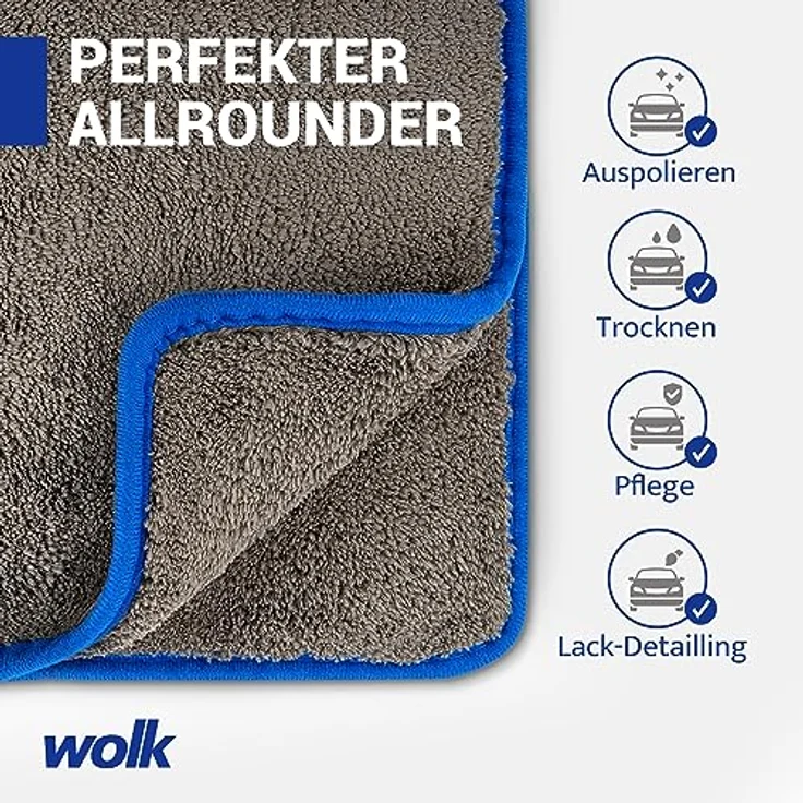wolk Auto Trockentuch 1200 GSM Mikrofaser, saugstark und kratzfrei, 40x40 cm, grau/blau, für Auto & Motorrad – Bild 4