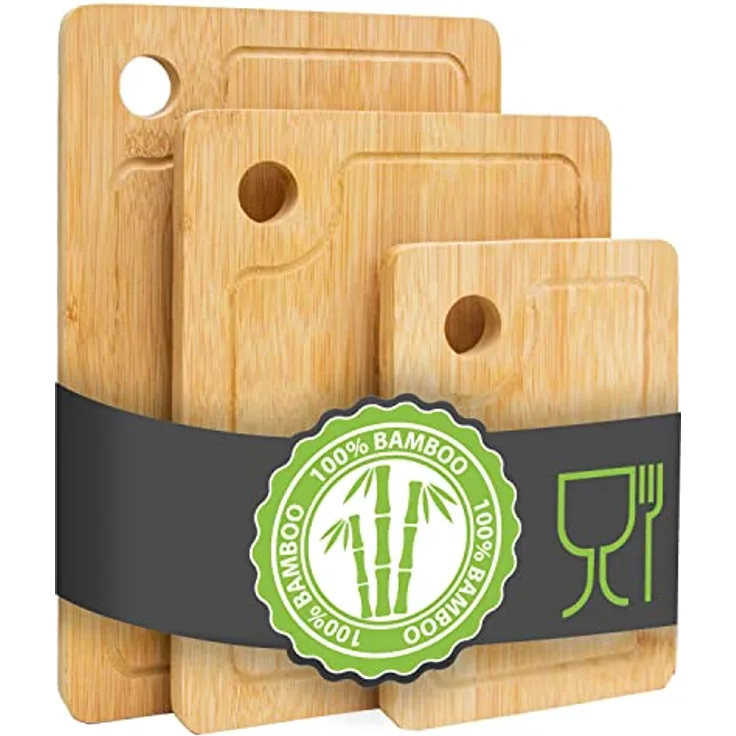 DuneDesign Richtig Dick & Stabil: Massives Schneidebrett Bambus 3er Set - 33x22cm Antibakterielles Holzbrett mit Saftrille - Küchenbretter Bambus Schneidebrett Holz Holzbrett Küche Zubehör Haushalt
