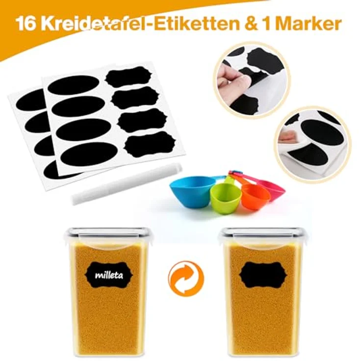 YASHE Vorratsdosen Set, luftdicht, 10 x 1.5L, BPA-freier Kunststoff, mit wiederverwendbaren Etiketten und Löffeln – Bild 6
