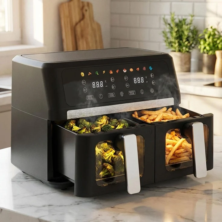 Casativo Dual-Heissluftfritteuse, 9L mit Sichtfenster und 2400W, Schwarz, Dual-Zone-Technologie