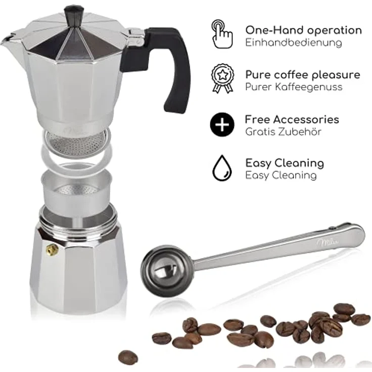 Milu Espressokocher (No Induktion) | 2, 3, 6, 9 Tassen| Aluminium Mokkakanne, Espressokanne, Espresso Maker Set inkl. Untersetzer, Löffel, Bürste (Aluminium, 2 Tassen (100ml) – Bild 2