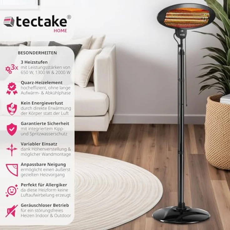 tectake Infrarotstrahler Solaris Monolith, Höhenverstellbarer Infrarotheizstrahler mit zielgerichteter Wärmeverteilung, 2000 Watt, in Schwarz – Bild 2