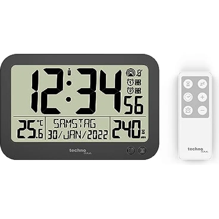 technoline WS8026 Digitale Funkuhr mit Fernbedienung, Bürouhr, Meeting-Uhr, Funkuhr mit Temperaturanzeige, Timer bis 240 min, kleine Uhr, 22,3 x 14,8 cm