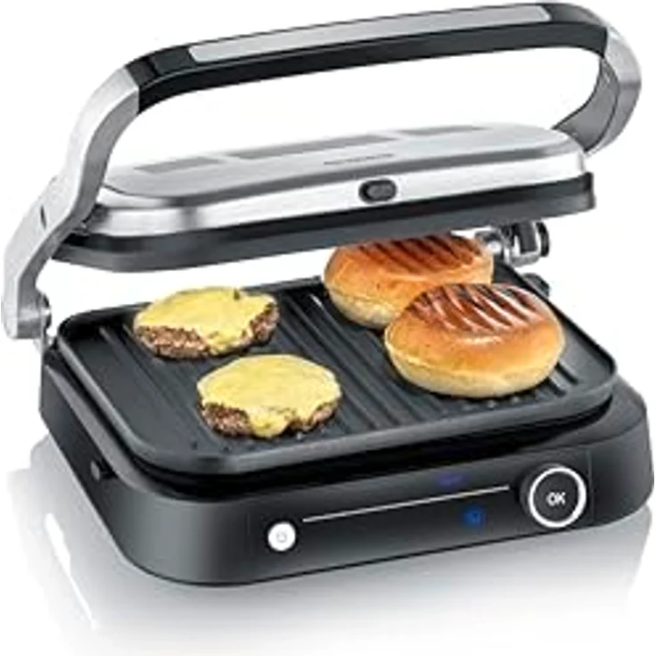 SEVERIN SEVINI PRO Kontaktgrill für Sandwiches, Steak und als Panini Grill, antihaftbeschichtet, 7 Automatikprogramme, 1800 W, schwarz/silber – Bild 1
