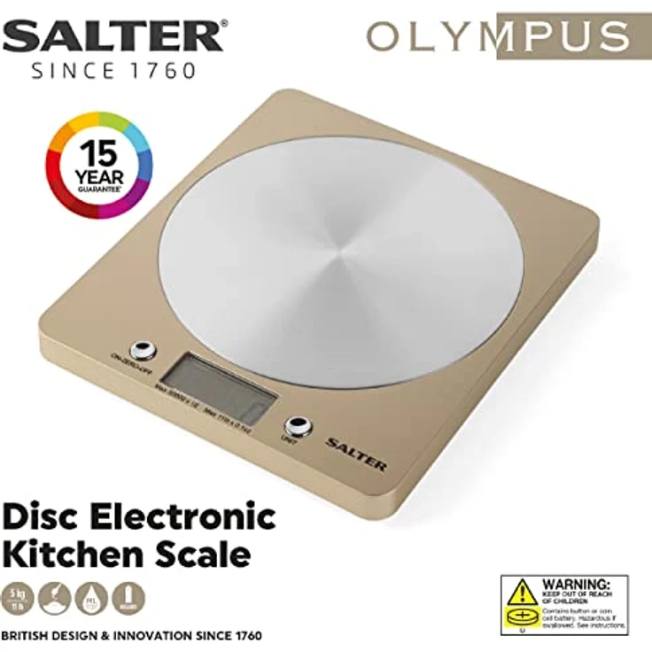Salter 1036 OLFEU16 Olympus Digitale Küchenwaage - elektrische Lebensmittelwaage mit Edelstahl Plattform, einer Kapazität 5kg, Backwaage mit Tara-Funktion, misst Flüssigkeiten, LCD-Anzeige, Gold – Bild 2