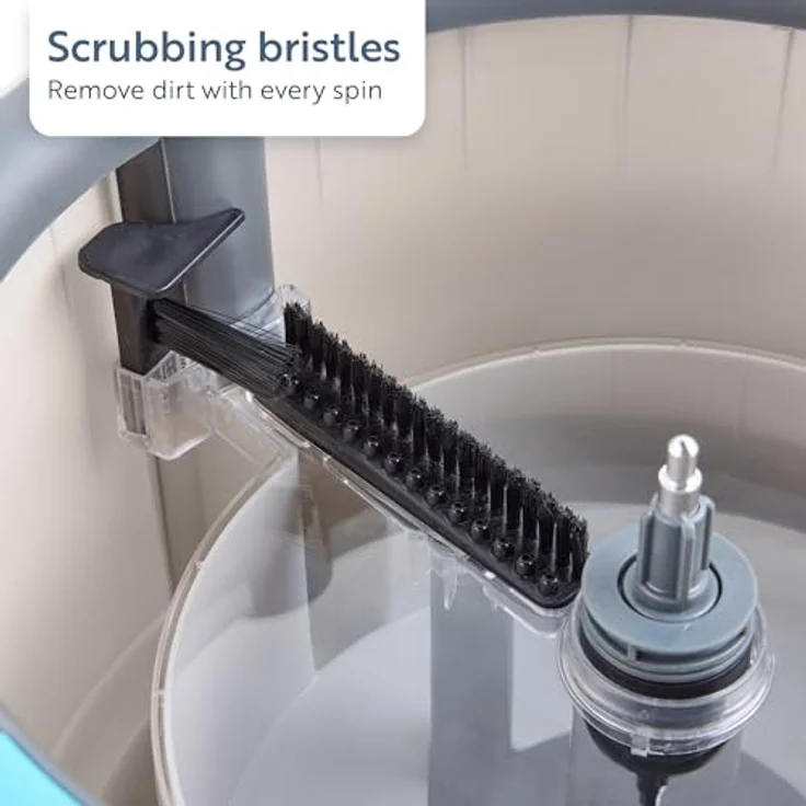 Minky Opti-Clean Spin Mop, 360° Spin & Rinse & Wringing System, Wiederverwendbares Leistungsstarkes Mikrofaser-Klettpolster, Dual-Hohlraum 2L Eimer mit stabilem Griff, Hellgrauer Eimer – Bild 4