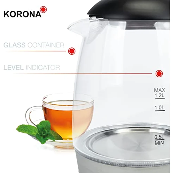 Korona 20608 Glas-Wasserkocher, 2200 Watt, 1,2 Liter, LED-Beleuchtung, verdecktes Heizelement, Kalkfilter, silber, schwarz – Bild 4