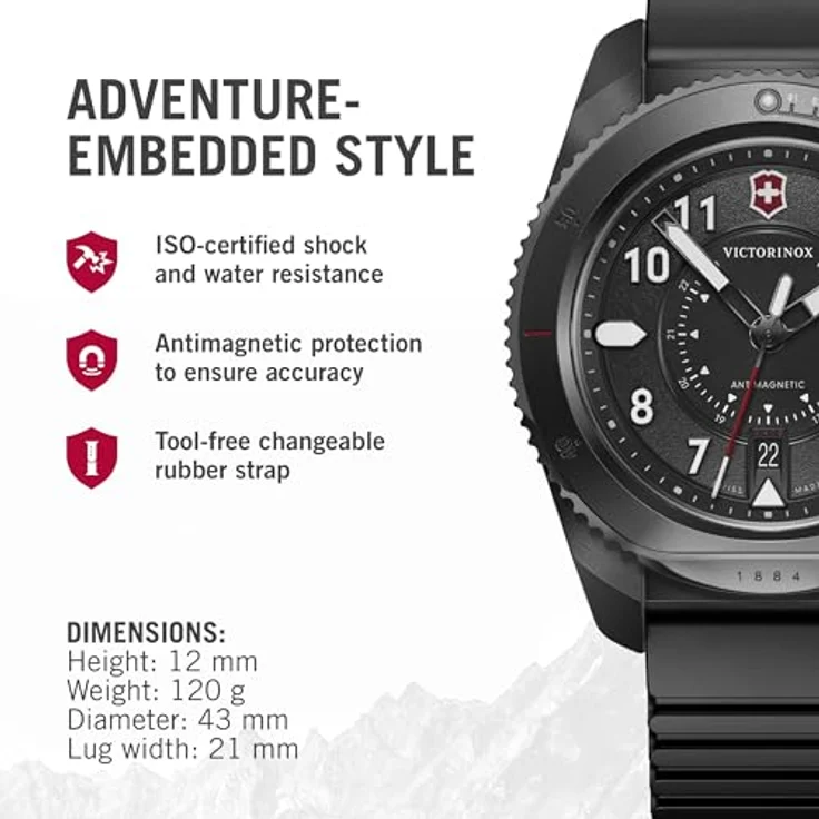 Victorinox Herren Armbanduhr Journey 1884 Ø 43 mm, Swiss Made, Wasserdicht bis 200 m, Kautschuk-Armband, Schwarz – Bild 2