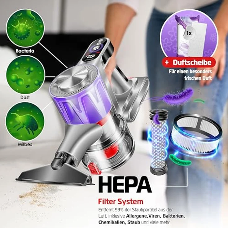 KESSER® Akku-Staubsauger 2in1 | Handstaubsauger ohne Beutel mit HEPA-Filter | Akkusauger bis 45 Min. Laufzeit + Fugendüse & Staubbürste | LED-Licht XL Staubbehälter für Hartböden Teppich Tierhaare, in Blau – Bild 2