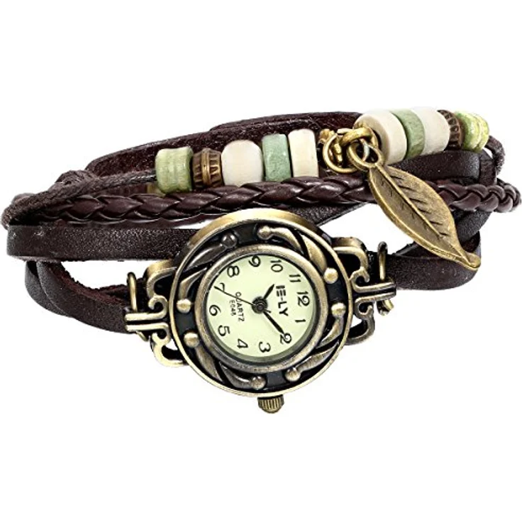 JewelryWe Damen Armbanduhr, Retro geflochtenes Lederarmband mit Quarzwerk und Baum Blatt Anhänger, Braun Bronze – Bild 1