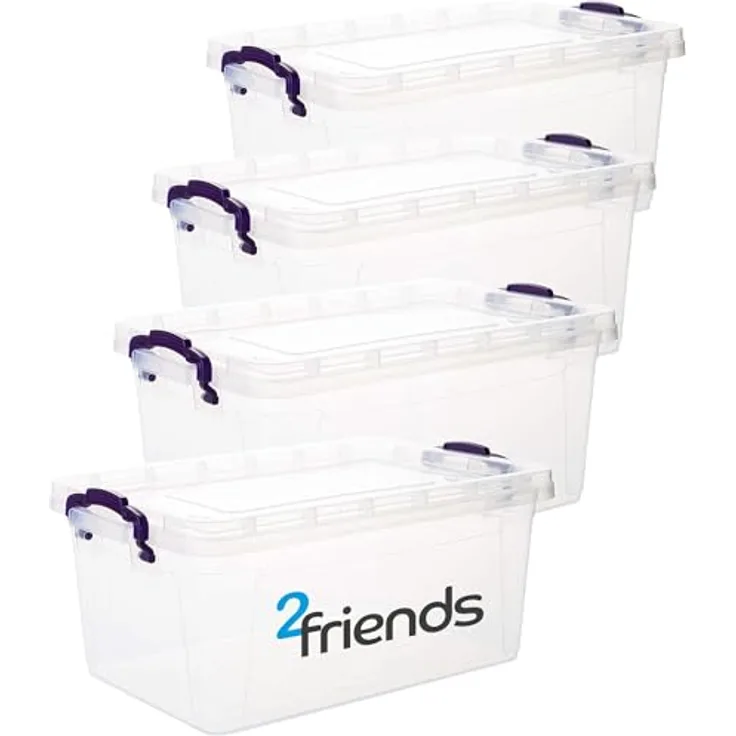 2friends Mia Aufbewahrungsbox, 22 Liter mit Deckel, 4er Set, transparent mit lila Griffen, BPA-frei, Made in EU