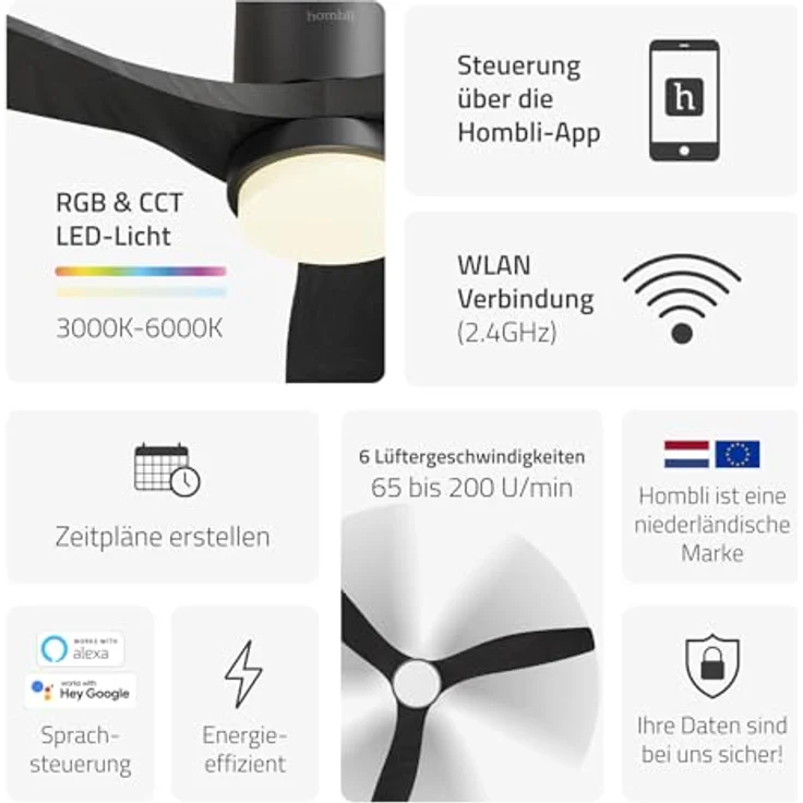 Hombli Smart Deckenventilator mit LED Licht, Schwarz mit Holzoptik, WLAN-fähig, App- und Fernbedienung, leise, 132 cm, geeignet für Räume bis 12 m² – Bild 2