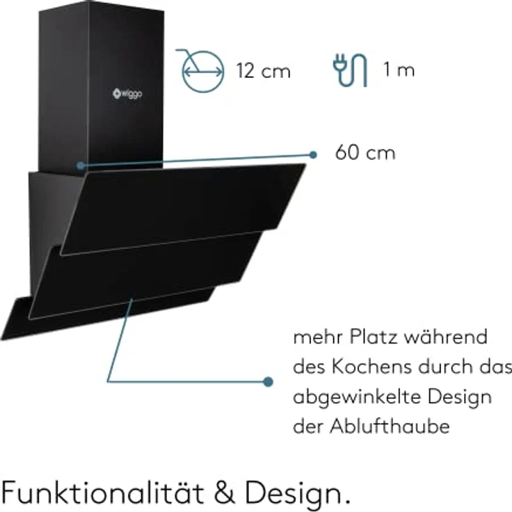 Wiggo Dunstabzugshaube 60cm kopffrei I Abluft Umluft Dunstabzug 300m³/h - LED Touch-Display 3 Stufen I Schräghaube inkl. Fettfilter & 2x Kohlefilter I Abzugshaube mit 3 teiliger Glasfront schwarz – Bild 5