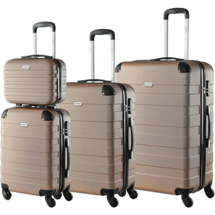 MONZANA® Kofferset Essential, Hartschalen Trolley Koffer M-L-XL mit 4 Rollen, Gel-Griffen, Kantenschutz, Beautycase und Zahlenschloss, Champagner – Bild 1