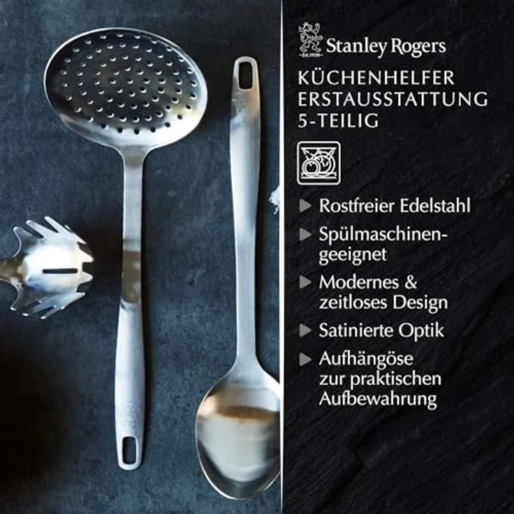 Stanley Rogers Küchenhelfer Set, 5-teiliges Premium Kochbesteck aus rostfreiem Edelstahl in Silber mit ergonomischen Griffen und platzsparender Aufbewahrung – Bild 3