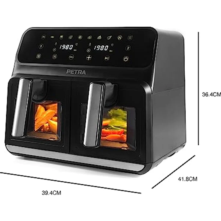 Petra PT5196GWVDE 7,6-l-Doppel-Heißluftfritteuse - Fritteuse ohne Öl, Ölfreier Kocher, Doppelschublade mit Glassichtfenstern, 2 antihaftbeschichtete große Frittierkörbe, 10 Kochfunktionen, 1700 W – Bild 5