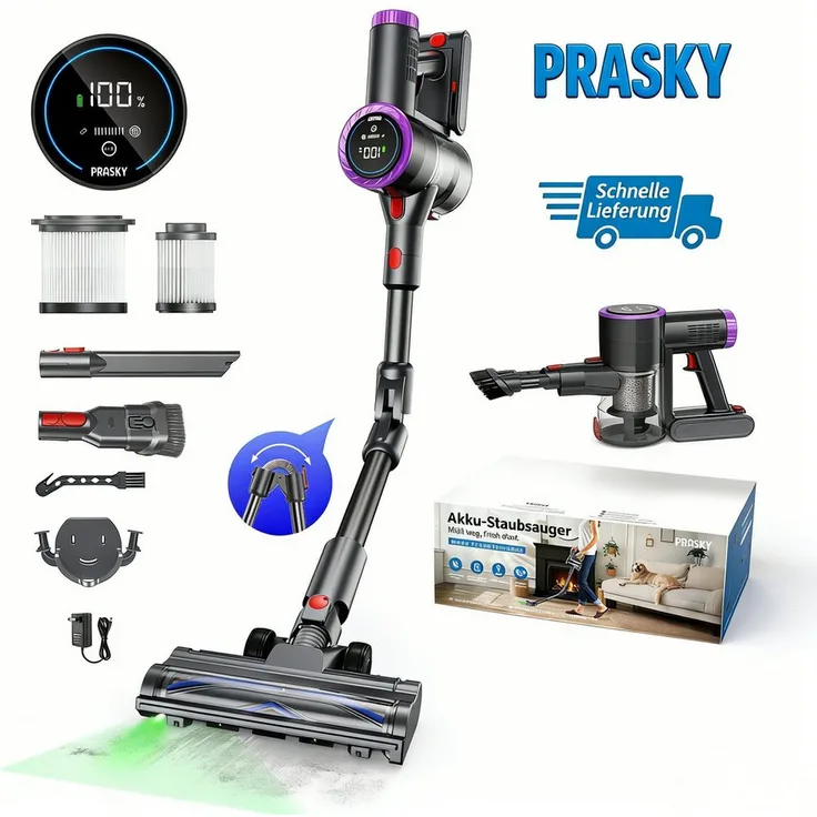 PRASKY P1MAX Akku-Hand- und Stielstaubsauger, kabellos mit 65000Pa Saugkraft, 50 Minuten Akkulaufzeit, 5-Lagen-Filtersystem, leise mit 60 dB