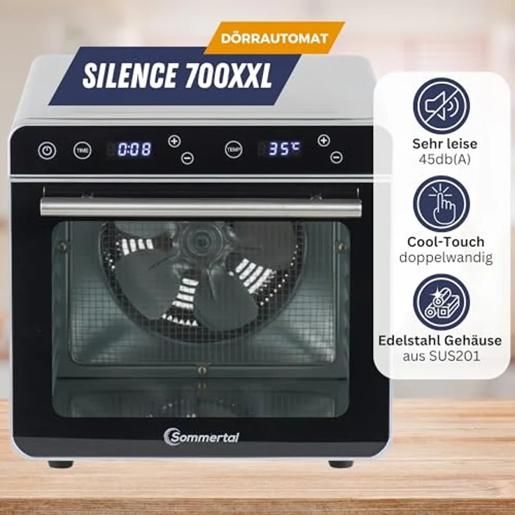 Sommertal Dörrautomat Silence 700 XXL, Profi Dörrautomaten mit 8 Edelstahl Dörrgitter, LED-Display, 24h Timer, Temperatur einstellbar von 35°C–85°C, 700W Dehydrator, inkl. Kochbuch – Bild 4