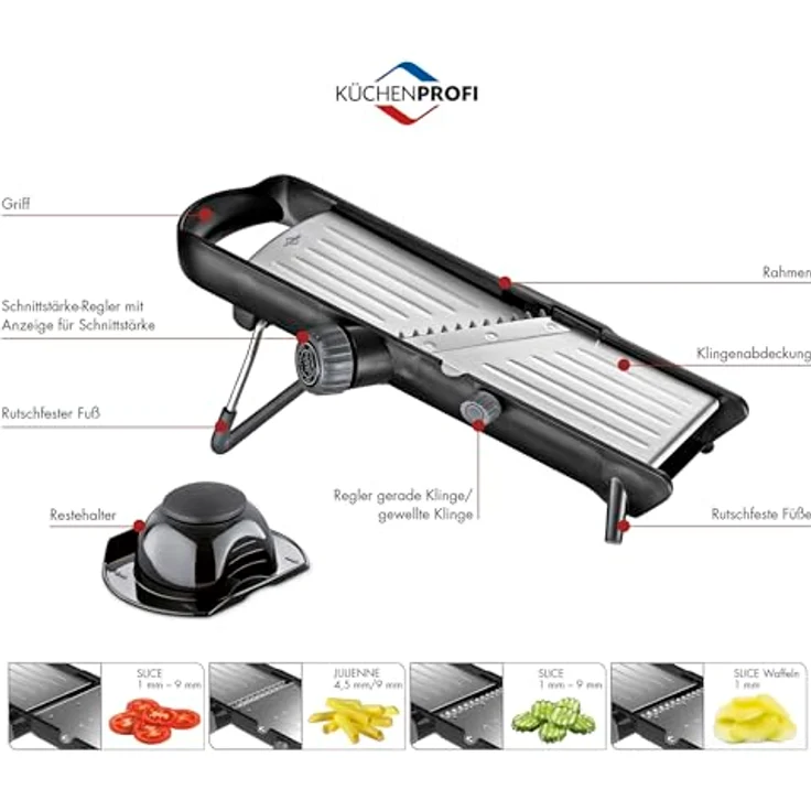 KÜCHENPROFI Gemüsehobel COMFORT, vielseitiger Gemüseschneider aus Edelstahl mit verstellbarer Schnittstärke 1-9 mm, Schnittbreite 4,5 & 9 mm, rutschfeste Füße für sicheres Arbeiten – Bild 5