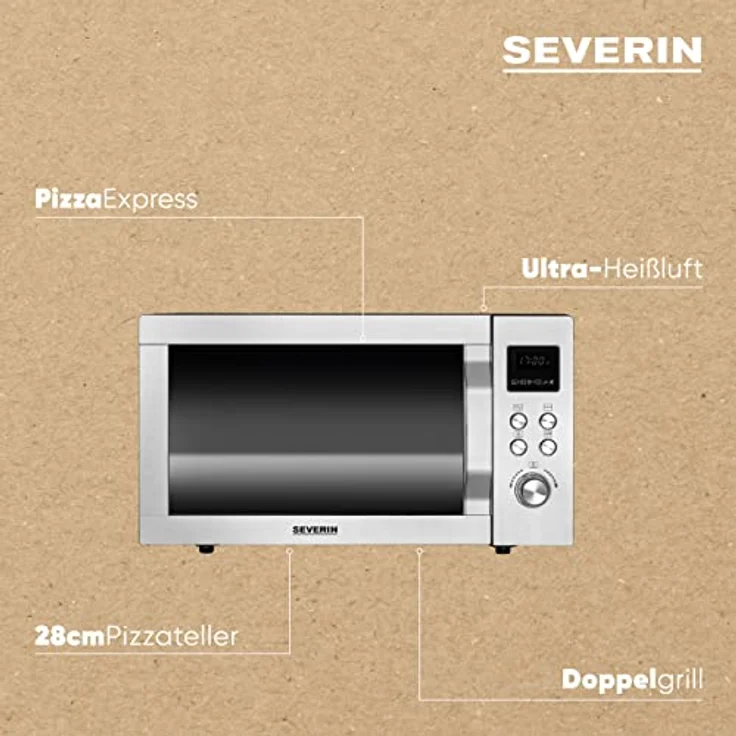 Severin MW 7778 4-in-1 Mikrowelle, 25 Liter Garraum, 900 Watt, Grillfunktion, Heißluft 230°C, Pizzafunktion, Auftauen, 11 Programme, silber – Bild 5