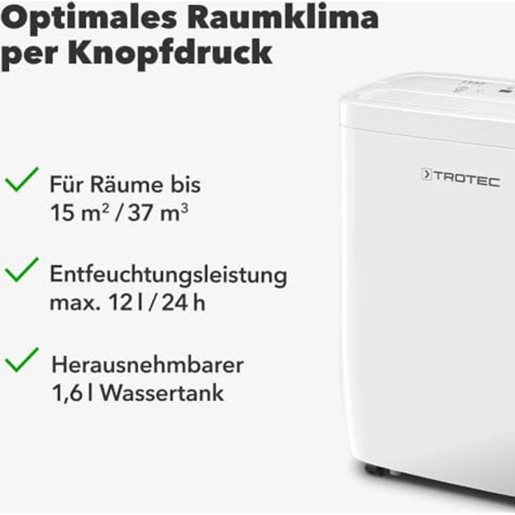 TROTEC Raumentfeuchter elektrisch TTK 27 E – 12 L/Tag – 15 m² / 37 m³ – Autoabschaltung, weiß – Bild 2