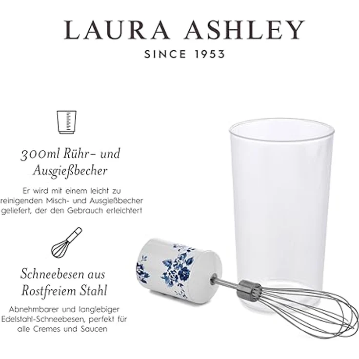 VQ Laura Ashley 4-in-1 Stabmixer, 600W Edelstahl, handbemalte China Rose Oberfläche, variable Geschwindigkeit, mit Zubehörset – Bild 4