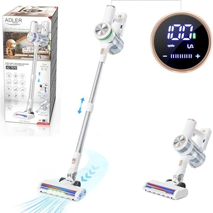 ADLER Akku Staubsauger AD 7025, kabellos & beutellos mit 25kPa Saugkraft, HEPA 13 Filter, LED-Display, Wandhalterung & Zubehör für Hartböden, Teppich & Tierhaare – Bild 2