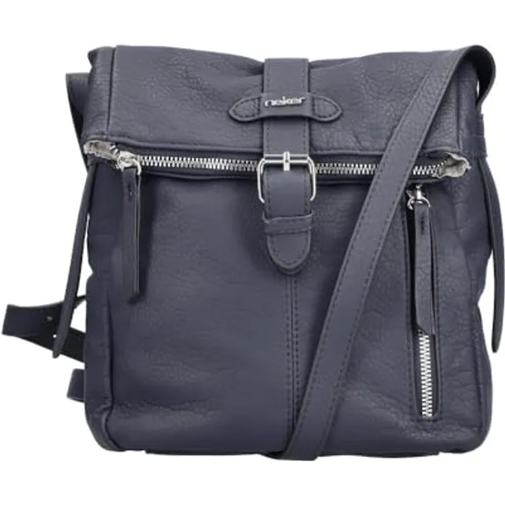 Rieker Umhängetasche, Damen-Handtasche aus Lederimitat, dunkelblau, mit Überschlag und Schnallenverschluss, verstellbarem Schulterriemen und Reißverschluss-Fronttasche