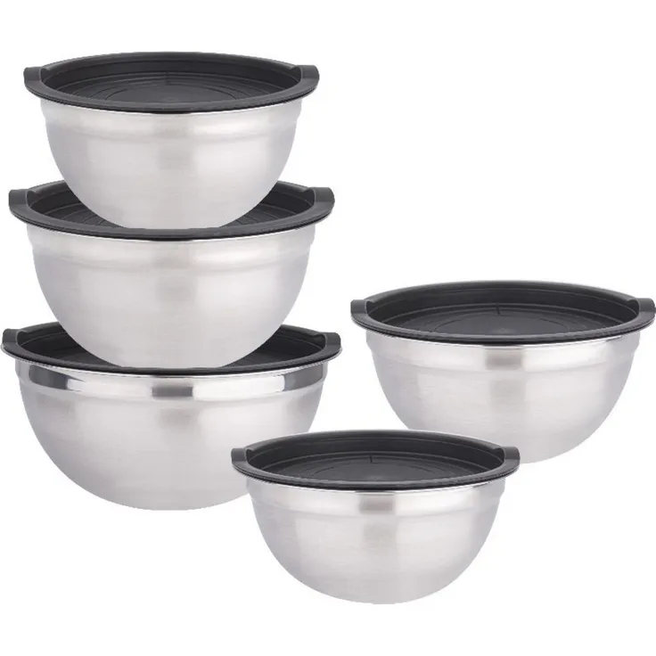 Cheffinger Rührschüssel 10-teiliges Edelstahl-Set, stapelbar mit Silikondeckeln, verschiedene Größen (1,48 - 4,1 Liter)