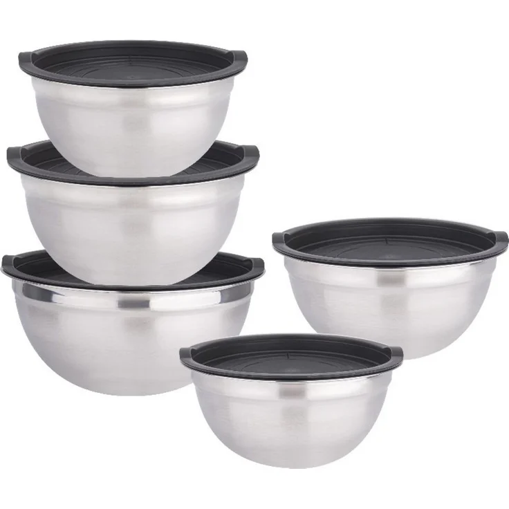 Cheffinger Rührschüssel 10-teiliges Edelstahl-Set, stapelbar mit Silikondeckeln, verschiedene Größen (1,48 - 4,1 Liter)