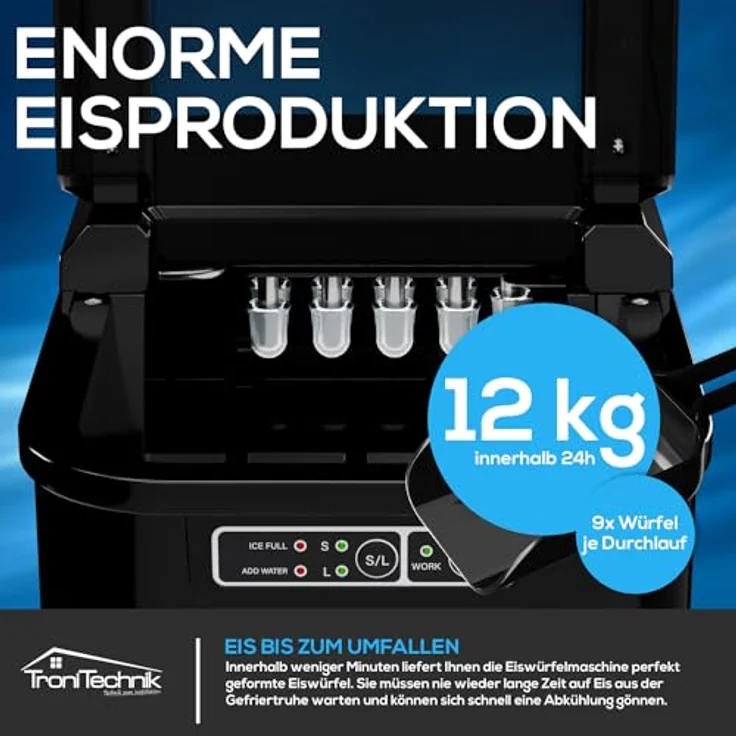 TroniTechnik® Eiswürfelmaschine Eiswürfelbereiter, Ice Maker, 12kg/24h, 2,2 Liter Wassertank, 2 Größen, Selbstreinigung, schwarz, einfache Bedienung – Bild 5