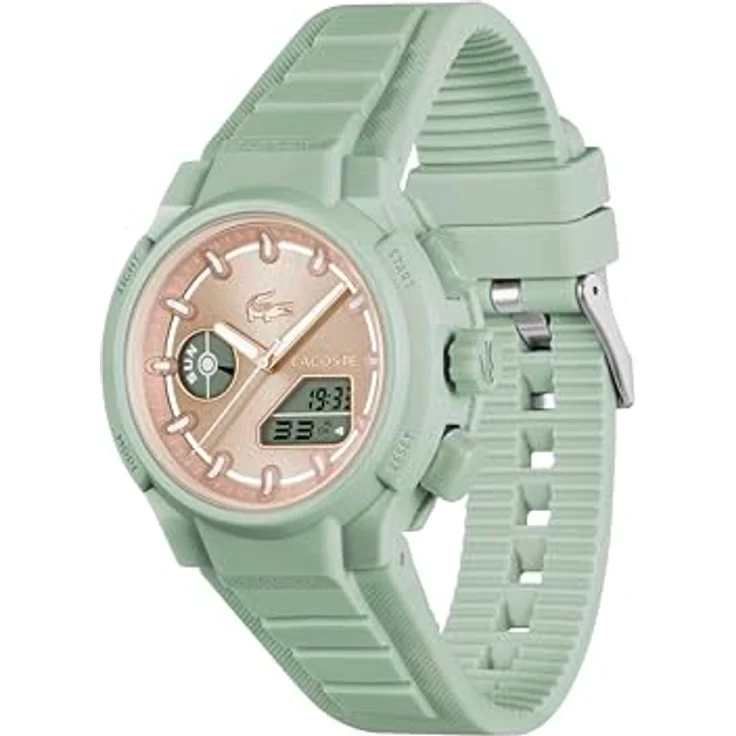 Lacoste LC33 Analoge-Digitale Multifunktions-Quarzuhr für Damen mit grünem Silikonarmband, 40 mm TR90-Gehäuse, wasserdicht bis 10 ATM, Zifferblatt in Roségold – Bild 2