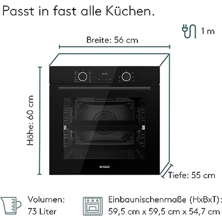 Wiggo WO-BFA610 Einbau-Backofen, schwarz, 60 cm, 73 l, Airfryer, Ober- & Unterhitze, Heißluft, Grillen, Auftauen, 4 Bleche, Konfektion – Bild 3