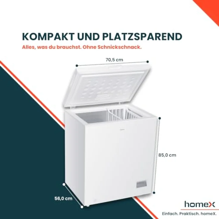 homeX FT1421-W Gefriertruhe, 142 Liter, 4-Sterne Gefrieren, leise 38 dB, inklusive Ablagekorb, kompakte Maße 70,5 x 85 x 56 cm – Bild 3