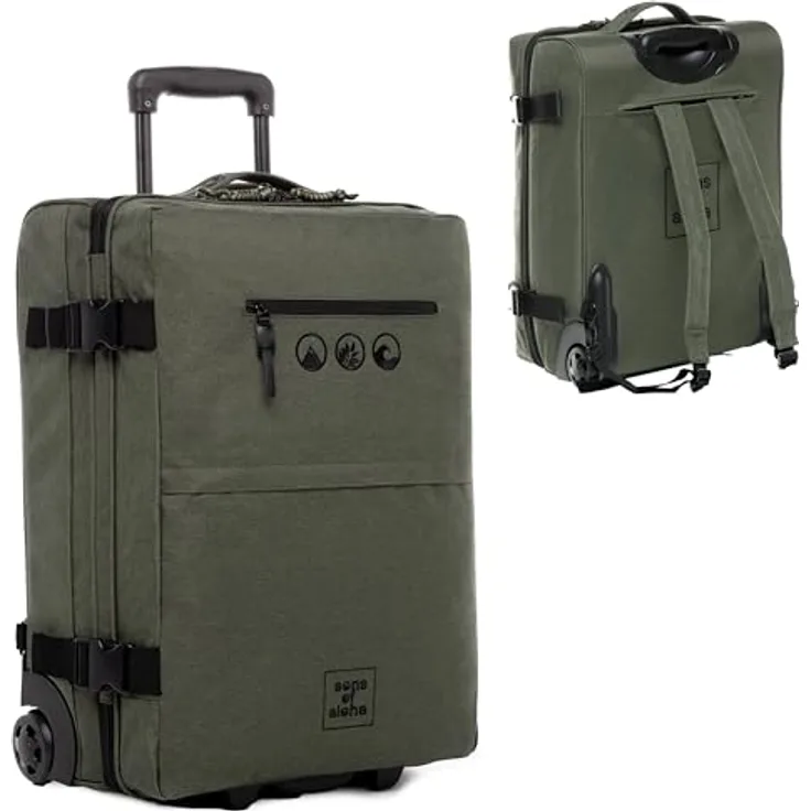 SONS OF ALOHA Backpacker Rucksack mit Rollen 3 in 1 - Handgepäck Koffer Kane Hybrid Backpack-Boardgepäck mit Rollen, 55 x 40 x 20 cm - recyceltes PET, wasserabweisend, grün-Olive