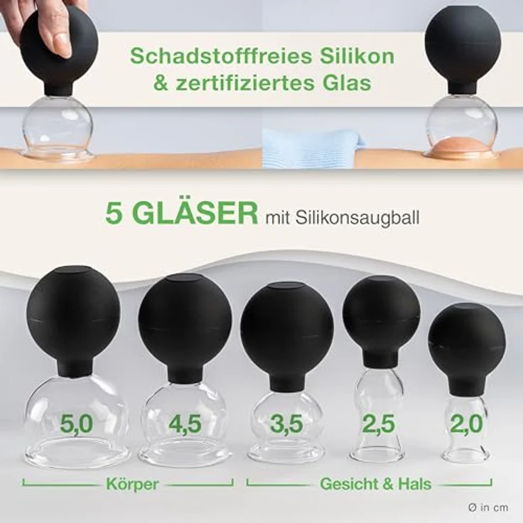 BACKLAxx® Massagegerät Schröpfgläser, 5-teilig 7-tlg., 5x Glocken, 1x Faszienschaber, 1x Mikrofasertuch, medizinisches Glas – Bild 2