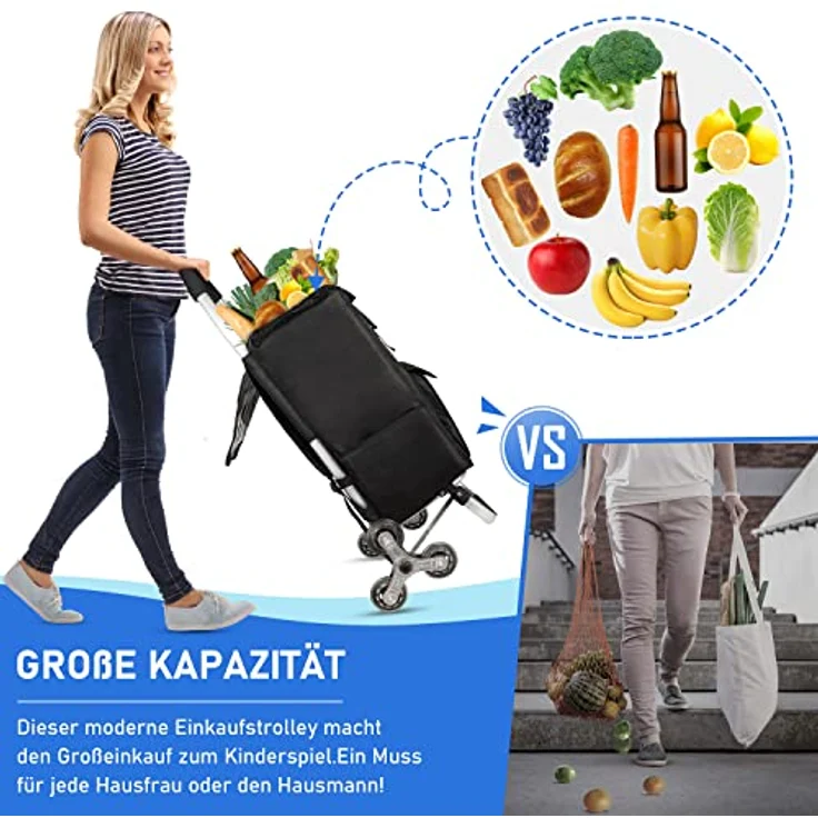 Ribelli Einkaufstrolley schwarz Einkaufswagen hochwertiger Aluminium Rahmen – Klappbarer Einkaufsroller Einkaufsroller – als Rucksack Tragetasche nutzbar – 3+3 Radsystem Treppensteiger– bis 45 kg – Bild 4
