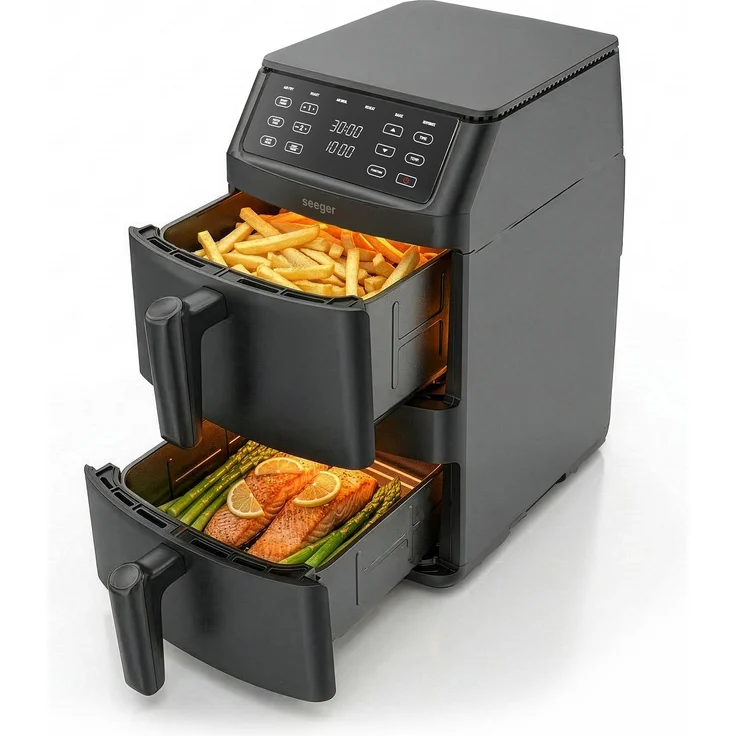 Seeger SuperFry Heißluftfritteuse SGR1011BK, 11 l, 2500 W, digitale Temperaturregelung, Touchscreen, schwarz, 6 Garprogramme