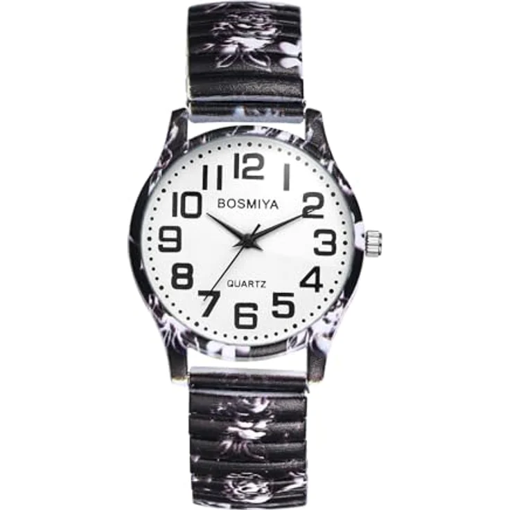 JewelryWe Damenuhr Boho Elastische Uhr, Analog Quarz mit Blumen Druck, Edelstahl Stretch Armband und große Zahlen, Bohemian Stil – Bild 1