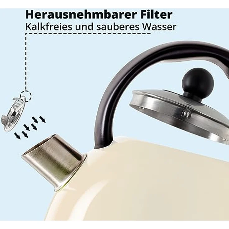 KHG Kessel-Wasserkocher WK-1711 Retro, creme, Edelstahl, 1,7 Liter, abwaschbarer Kalkfilter, Trockenschutz, Abschaltautomatik, 2200 Watt – Bild 5