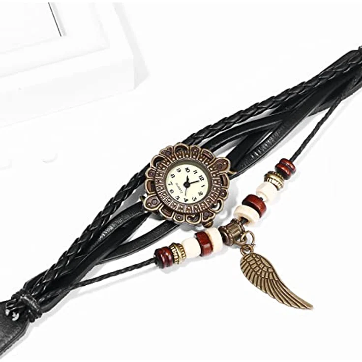 JewelryWe Damen Analog Quarz Armbanduhr mit Retro Feder Engel Flügel und geflochtenem Lederarmband, Schwarz – Bild 4