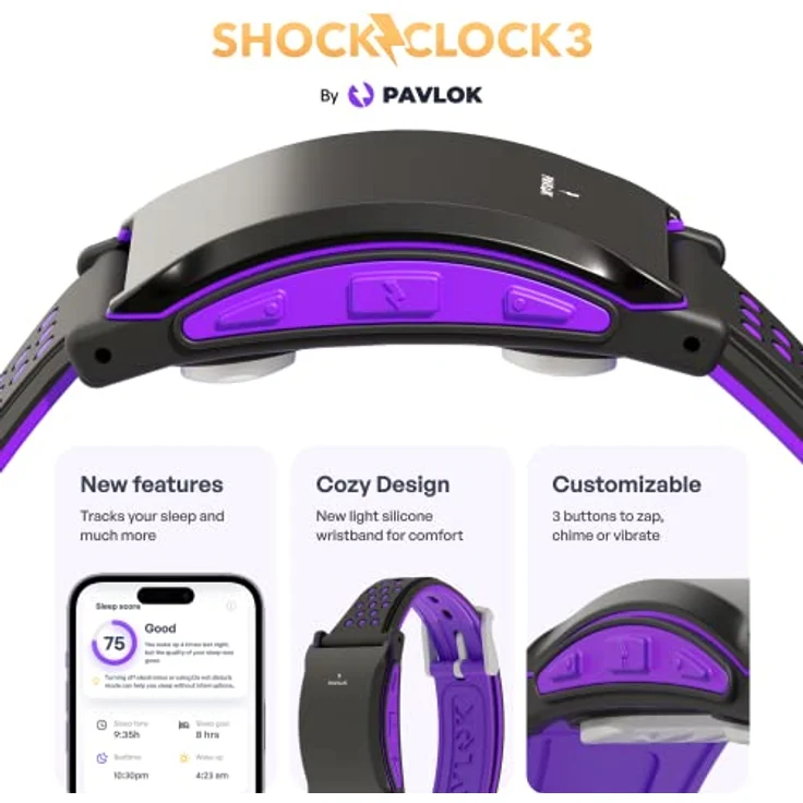 Pavlok Shock Clock 3 (3. Generation) Weck-Armband, tragbar, für Tiefschläfer, Schichtarbeiter, Paare, Studenten, Schwerhörige, Schwarz/Violett – Bild 2